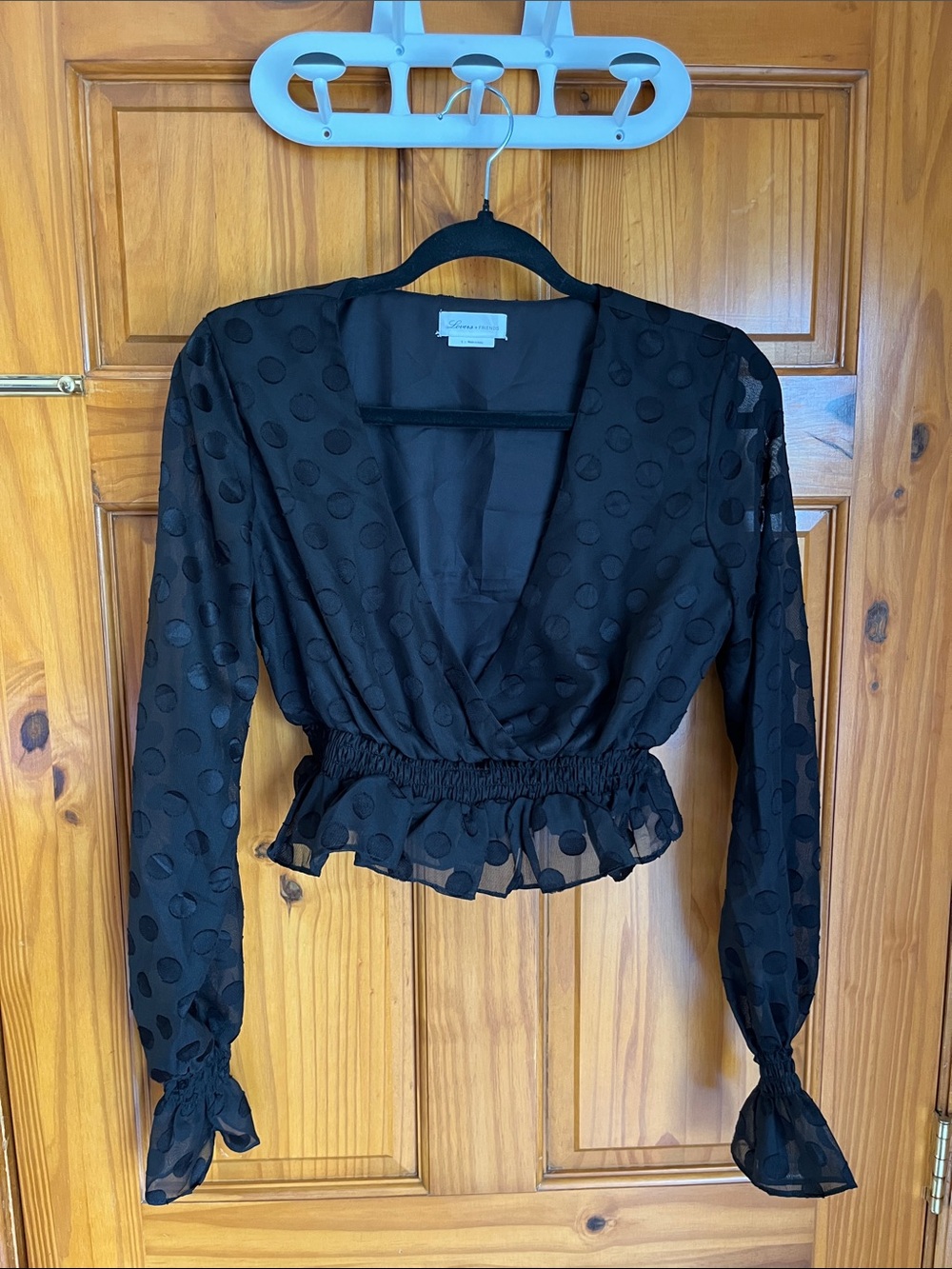 Lovers + Friends Black Sheer Polka Dot Peplum Top